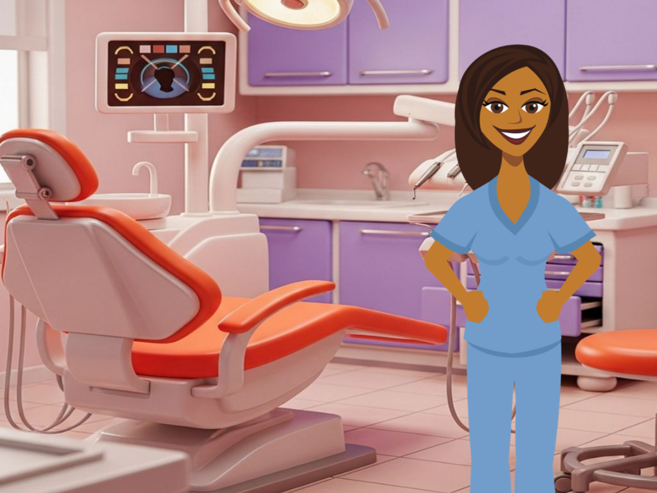 illustration of smiling dental assistant in exam room