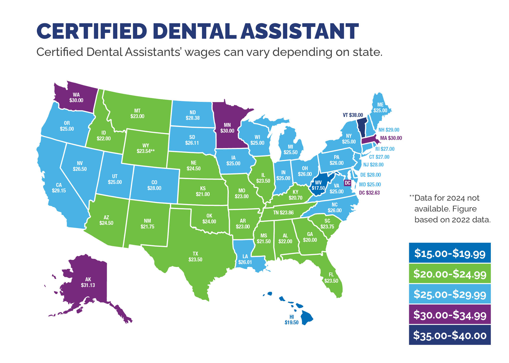 map of pay for Certified Dental Assistants (CDAs) by U.S. state