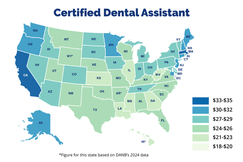 Color-coded US map showing the wage ranges for Certified Dental Assistants (CDA)