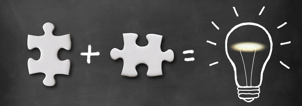 Two puzzle pieces added together to equal a lightbulb