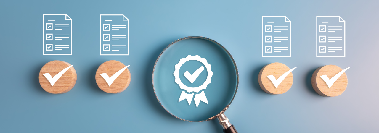 four document icons with checks underneath around a magnifying glass on a certified ribbon