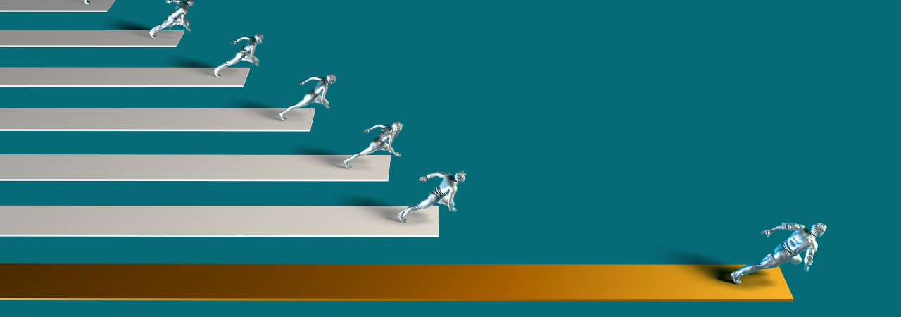 Race of icons with the bottom one in the lead and in gold