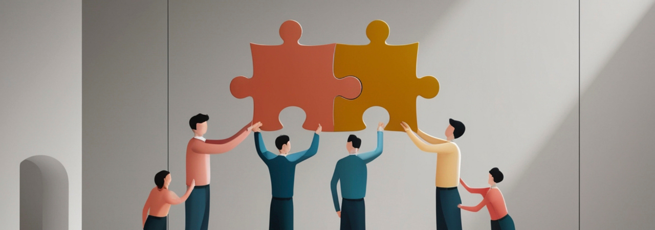 A group of figures holding up two connecting puzzle pieces