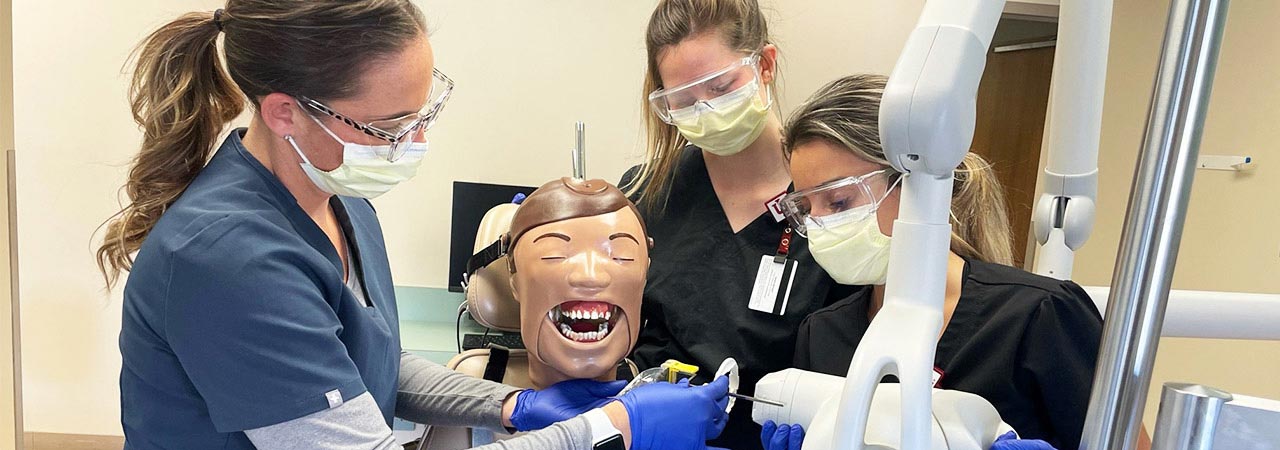 Dental assisting students at IUPUI practice a procedure with a mannequin in a dental lab