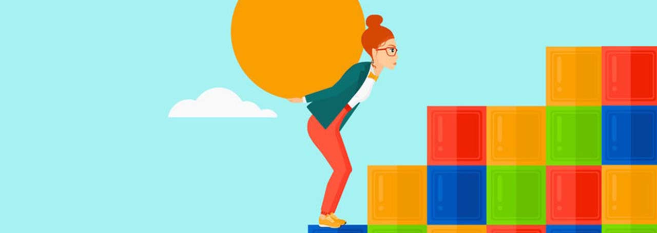 illustration of woman carrying large round shape climbing colorful abstract boxes