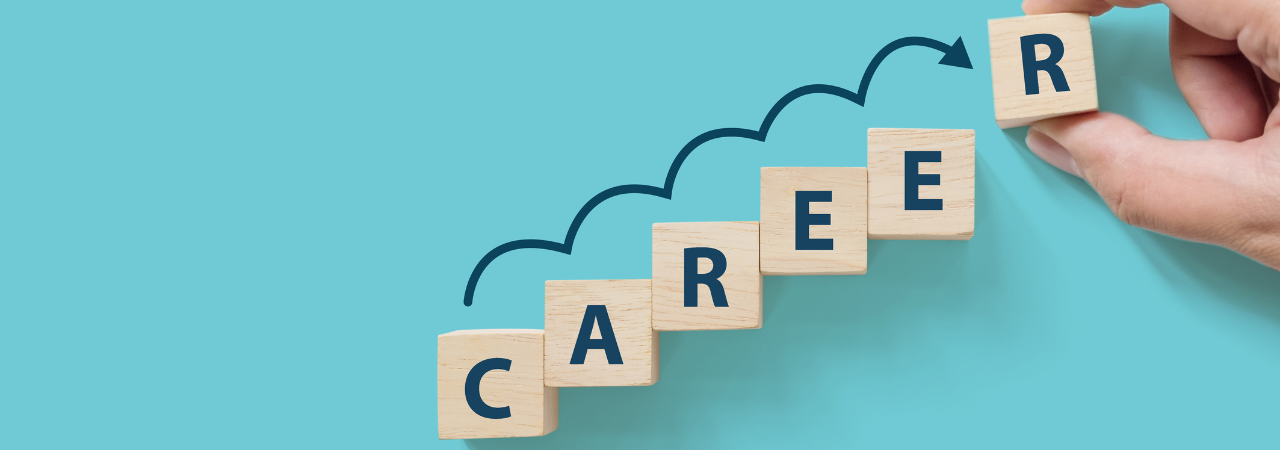 blocks progressively stacked from left to right that spell out "career" to symbolize career growth