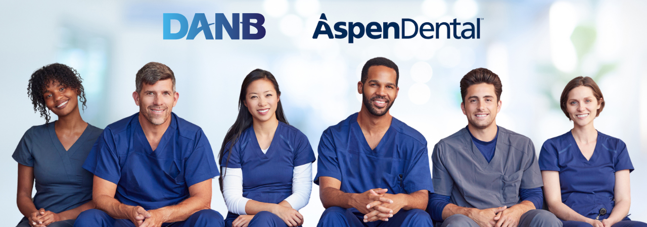 dental assisting smiling sitting with DANB and Aspen Dental logos