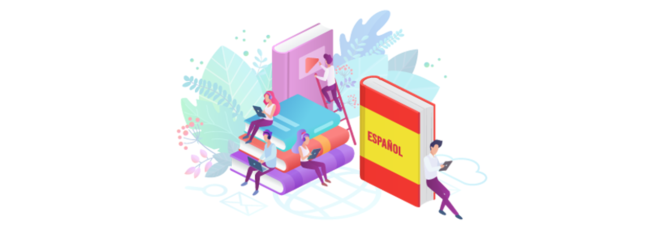 Illustration of people sitting on books with Spanish language book