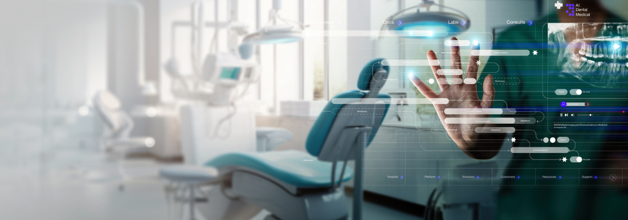 dental assistant interacting with AI screen dental chair background