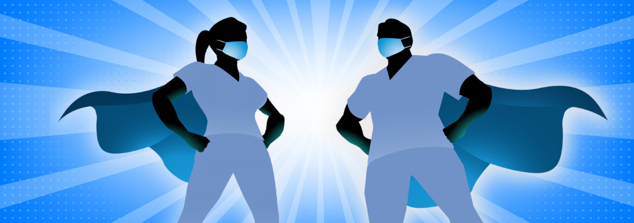 illustrated female and male superheroes wearing scrubs and capes